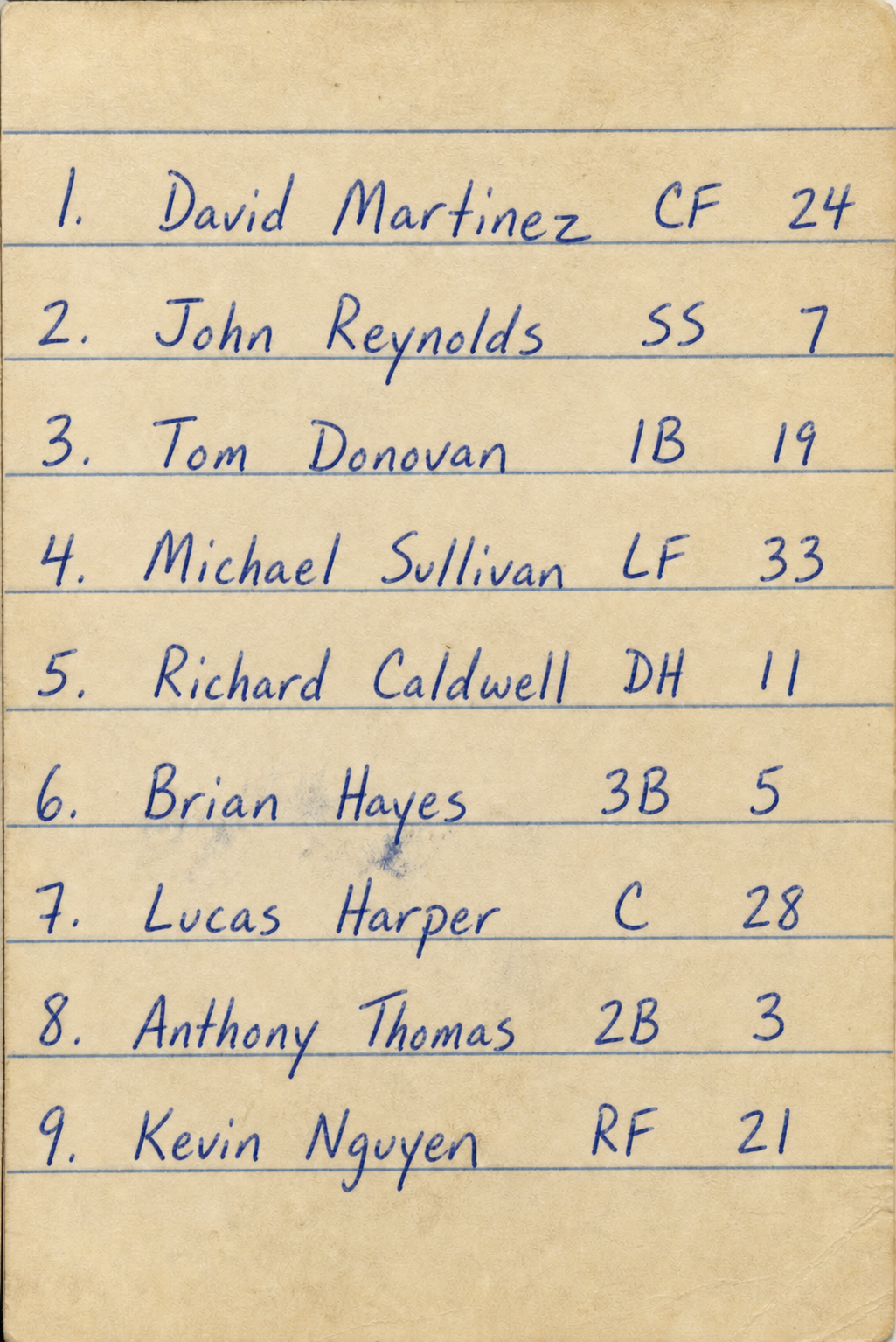 Handwritten lineup card with batting order, player names, positions, and jersey numbers