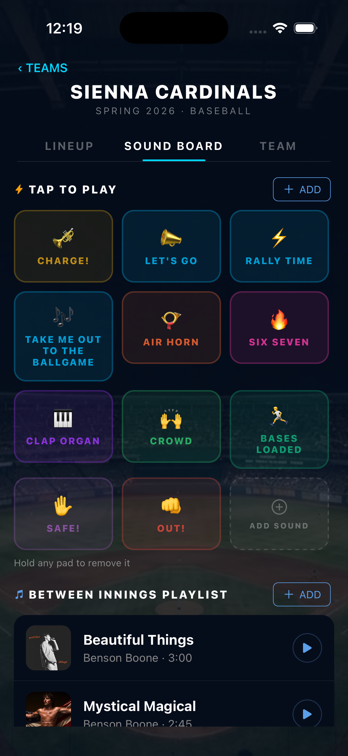 Sound board music queue showing crowd cue tracks